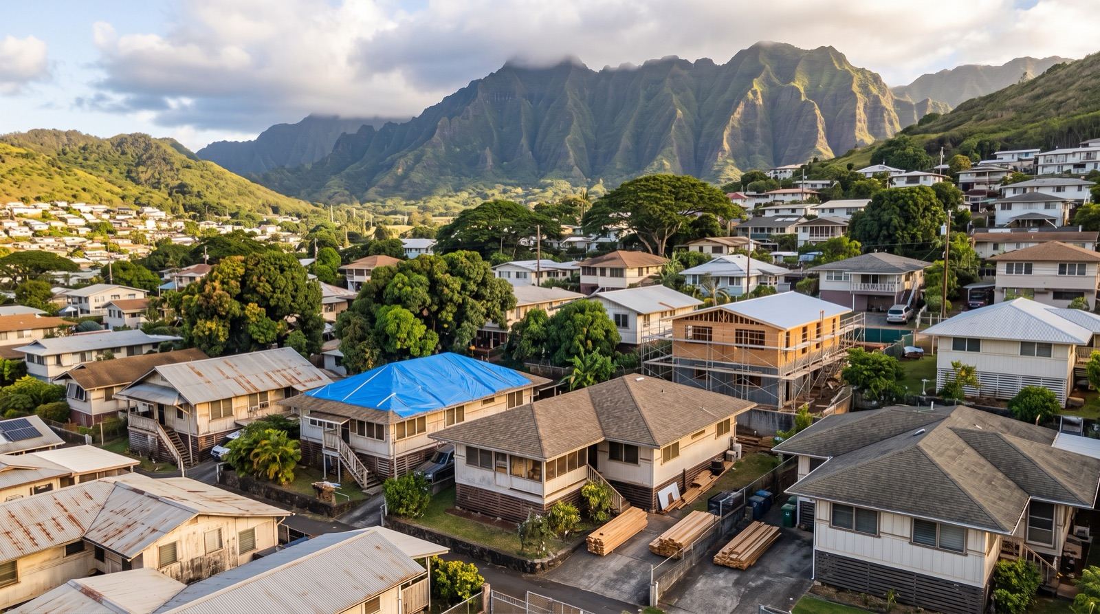 Illustration of homes and a house under construction beneath mountain ridges on Oʻahu