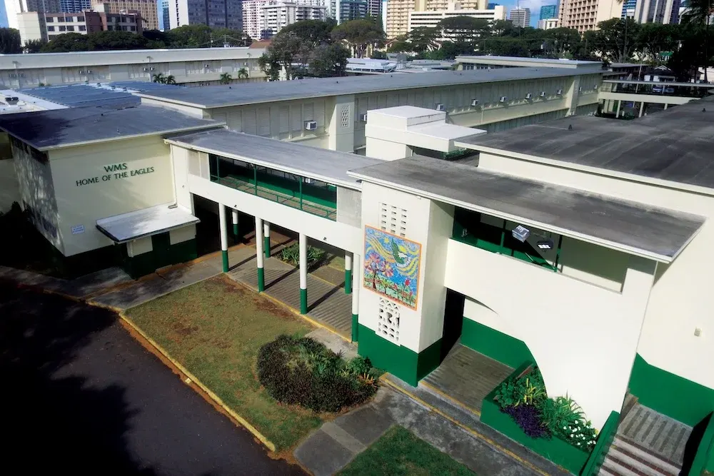 Aerial view of Washington Middle School in McCully, Honolulu