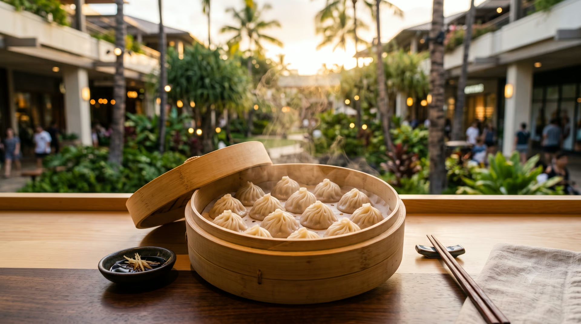 Steaming soup dumplings in a bamboo basket with an open-air shopping center behind