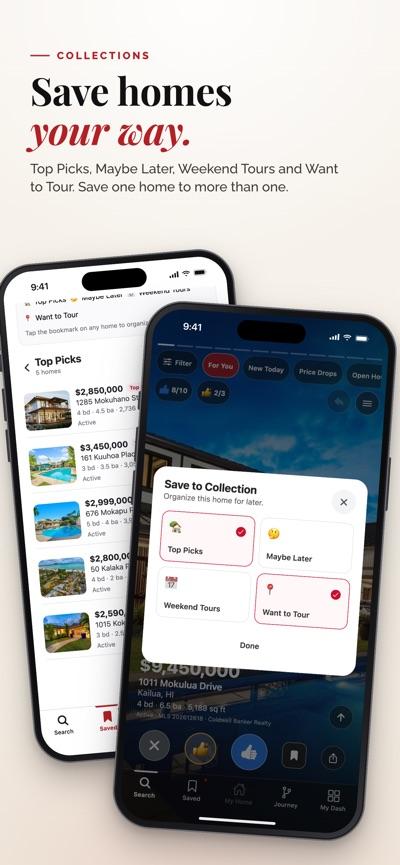 App Store screenshot: organize saved homes into Collections, including Top Picks and Want to Tour.