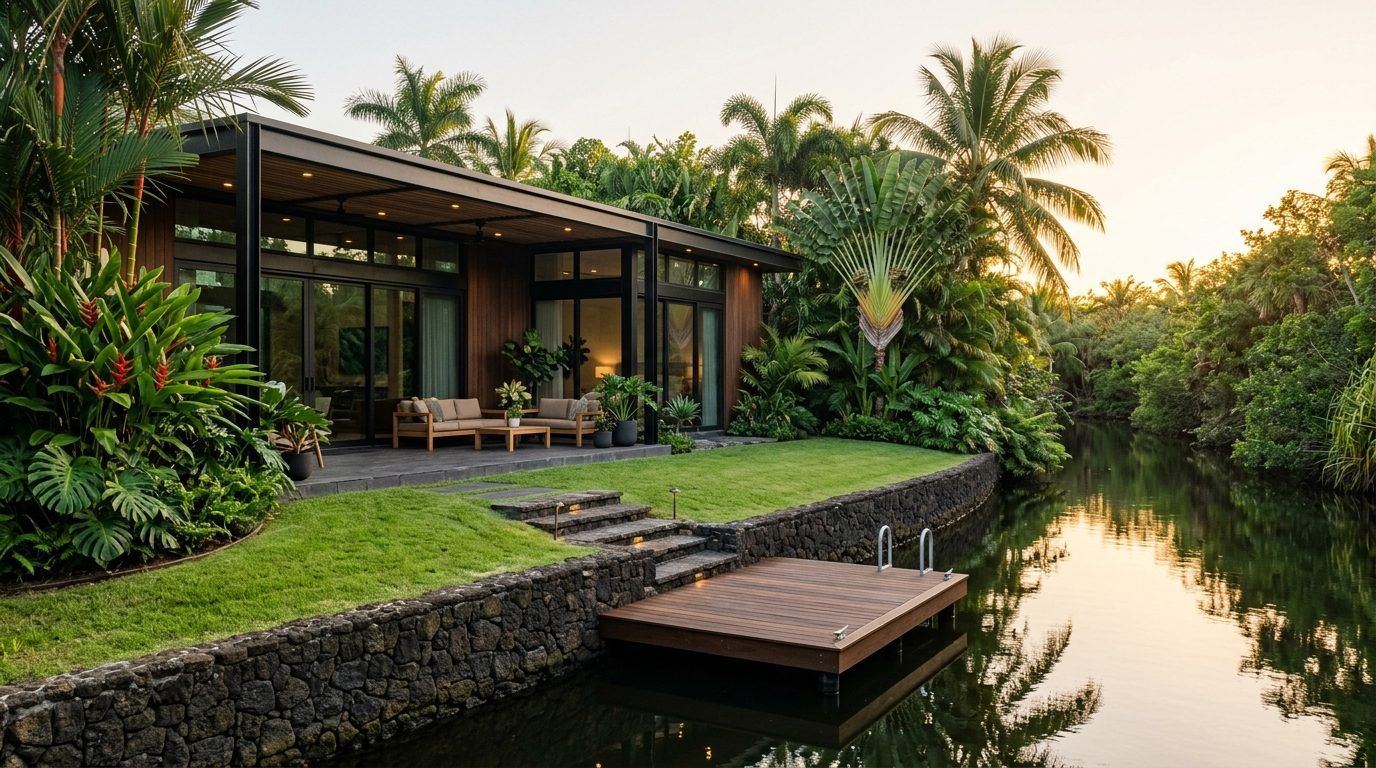 A home with a lawn and private dock on the Hawaiʻi Kai marina at dusk