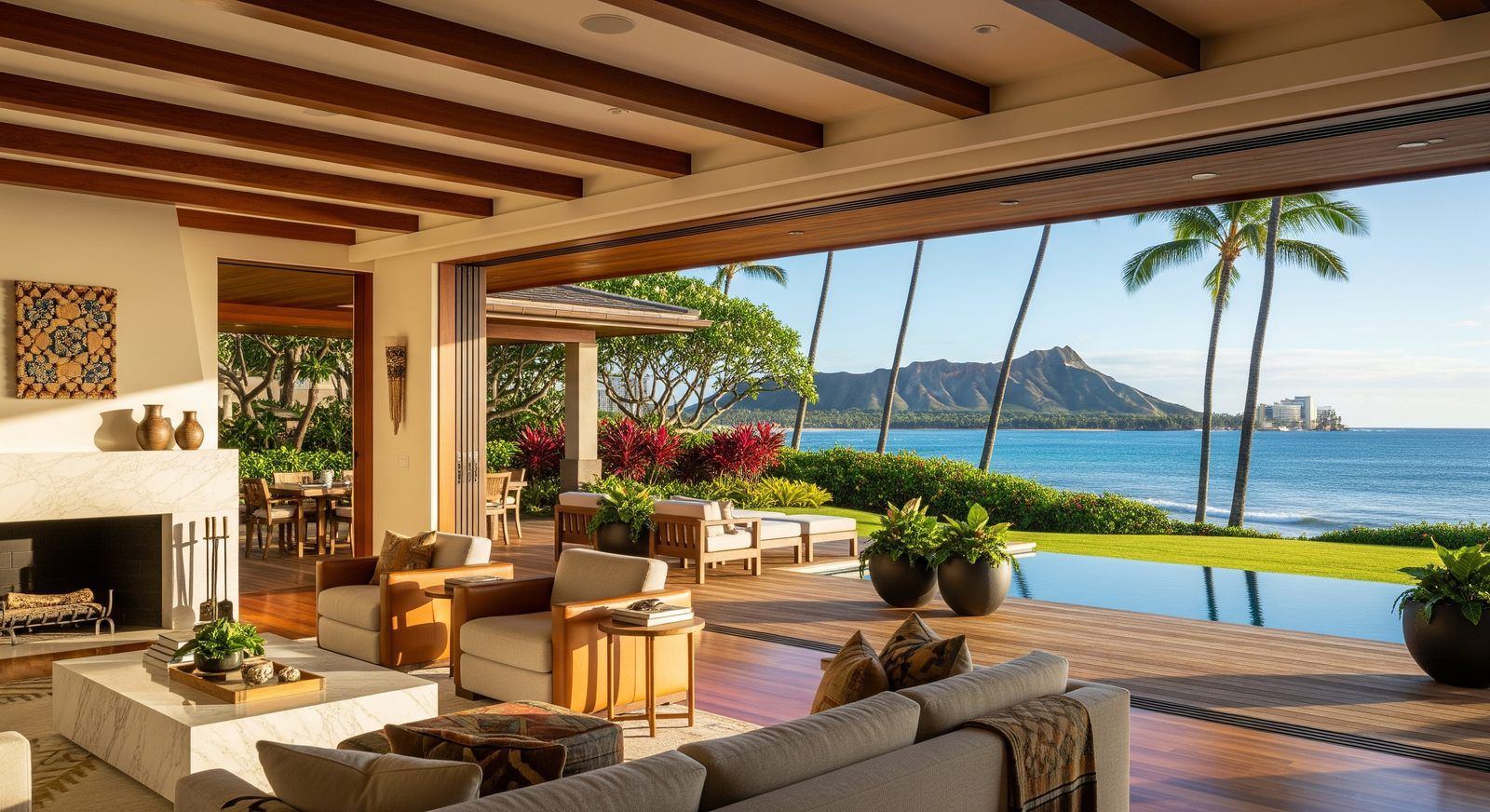 An open living room looking out to Diamond Head and the ocean