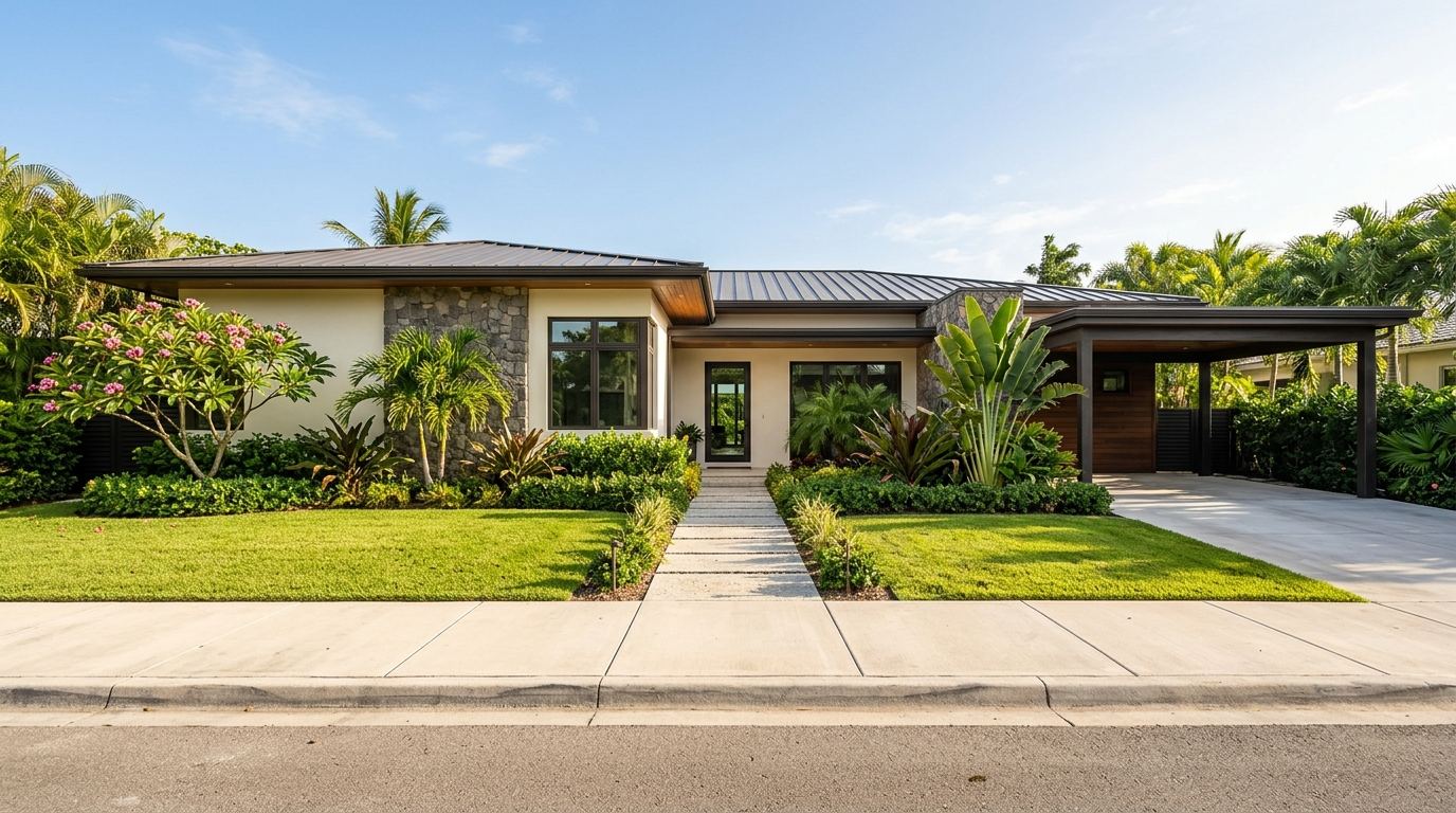 Illustration of a single-story home with a landscaped front yard and carport