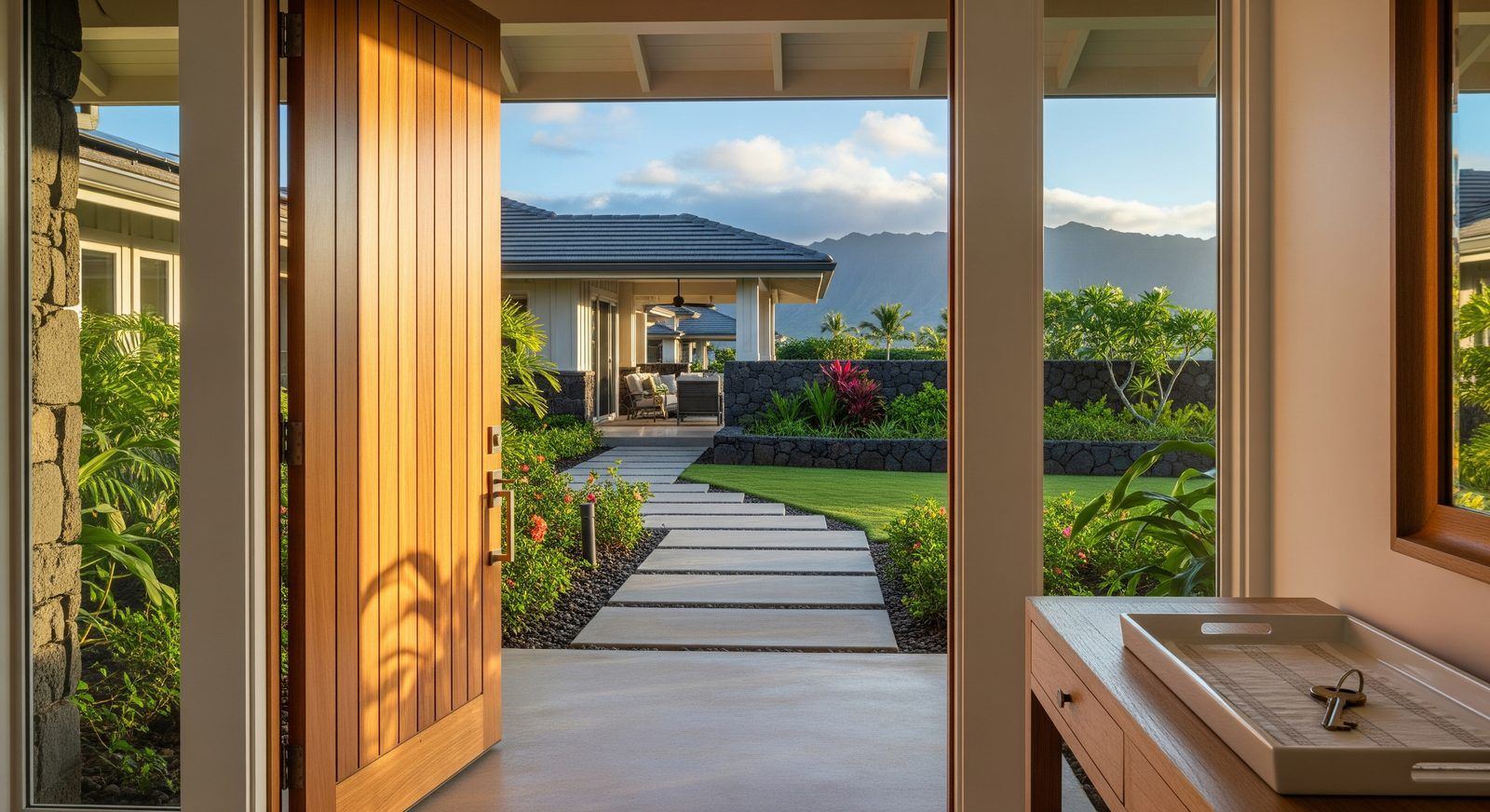 The front entry of a home, door open onto the walkway and yard