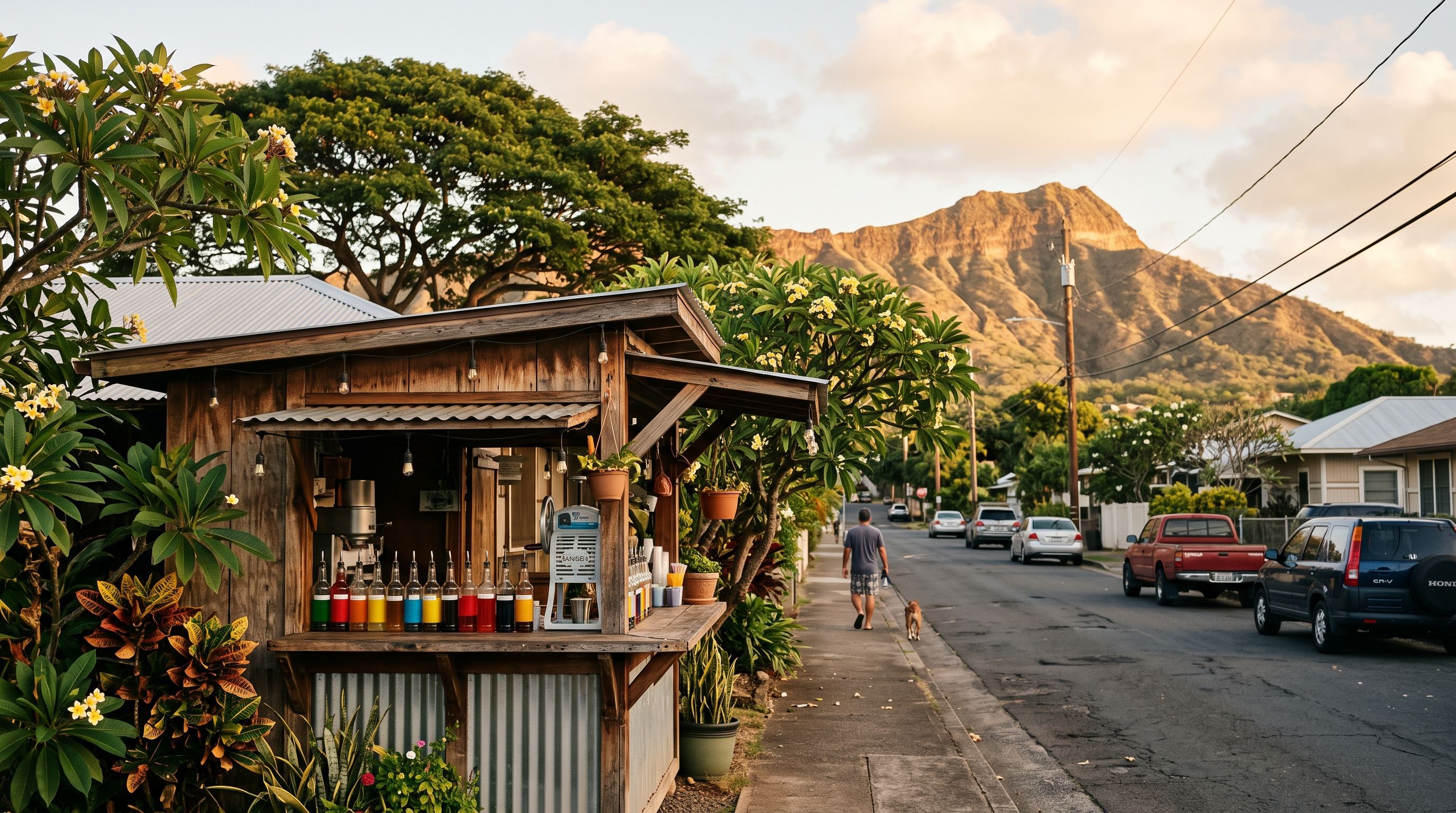 Shave ice served outside a neighborhood market near Diamond Head