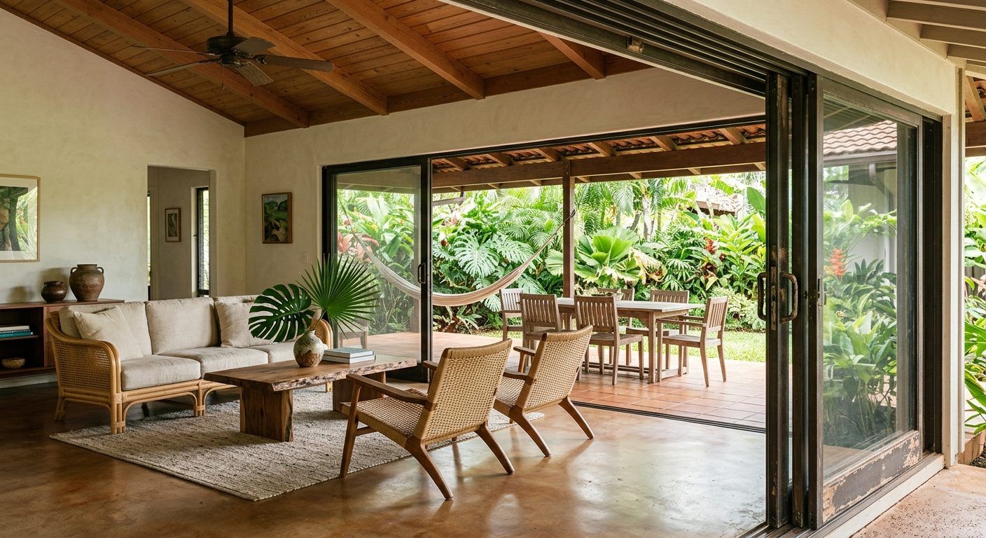 A living room opening onto a covered lānai and tropical yard