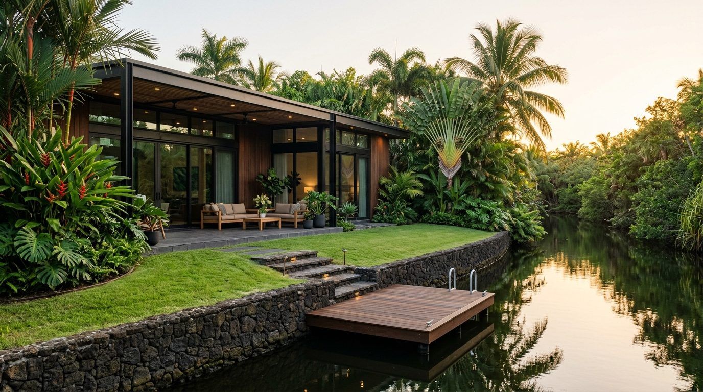A home with a lawn and private dock on the Hawaiʻi Kai marina at dusk