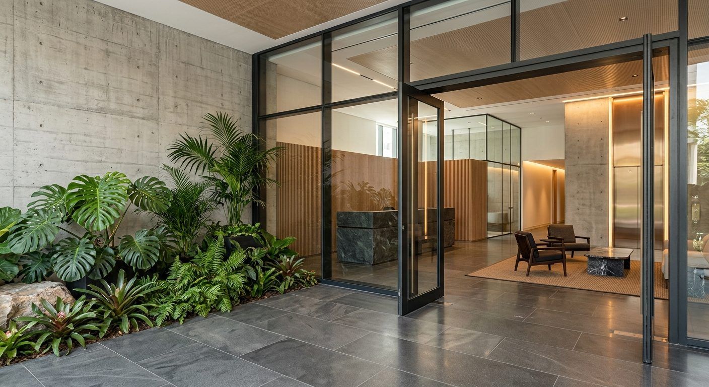 A condo lobby of glass and concrete opening onto tropical planting