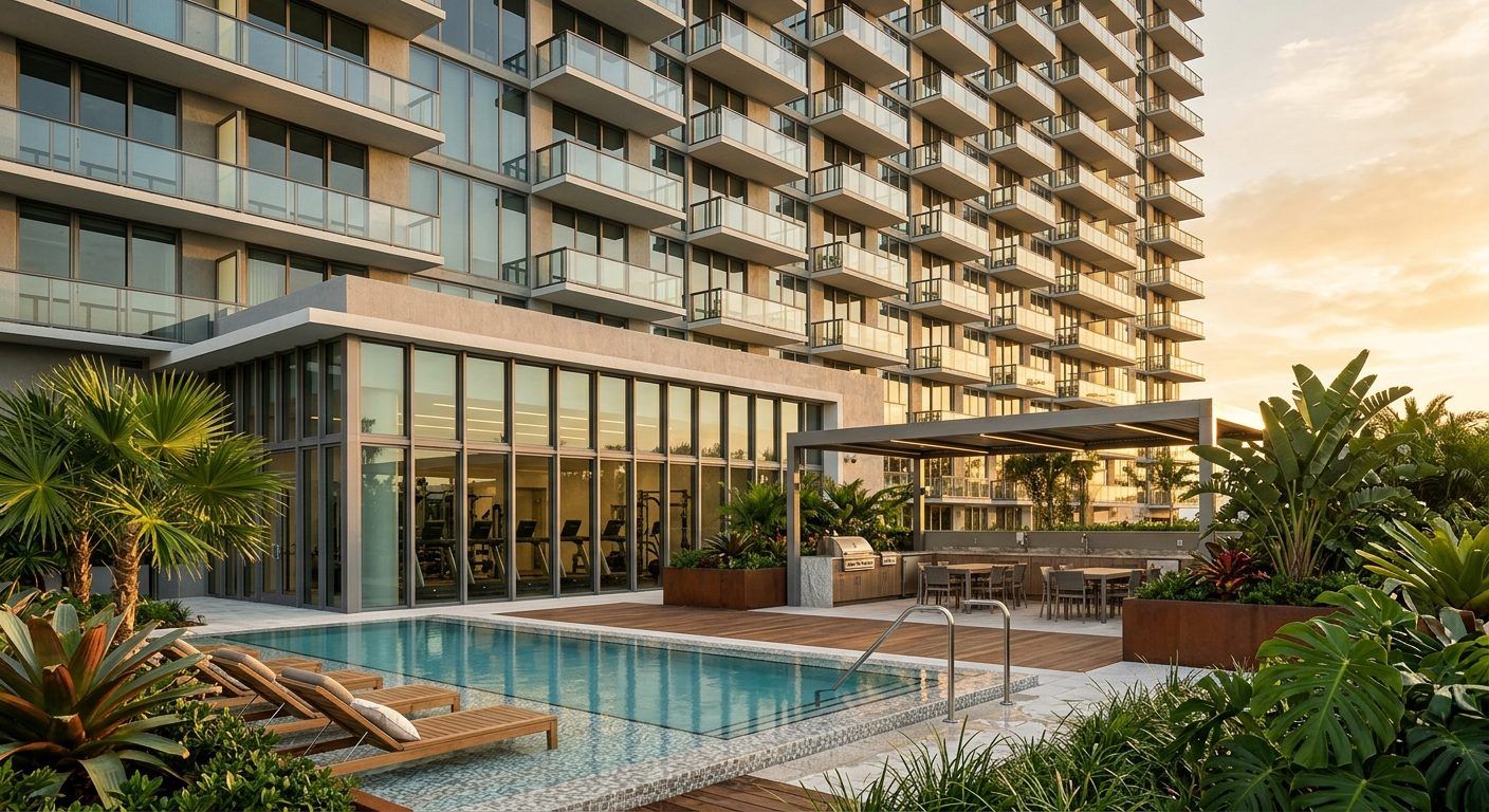 A Kakaʻako high-rise above its pool deck at sunset