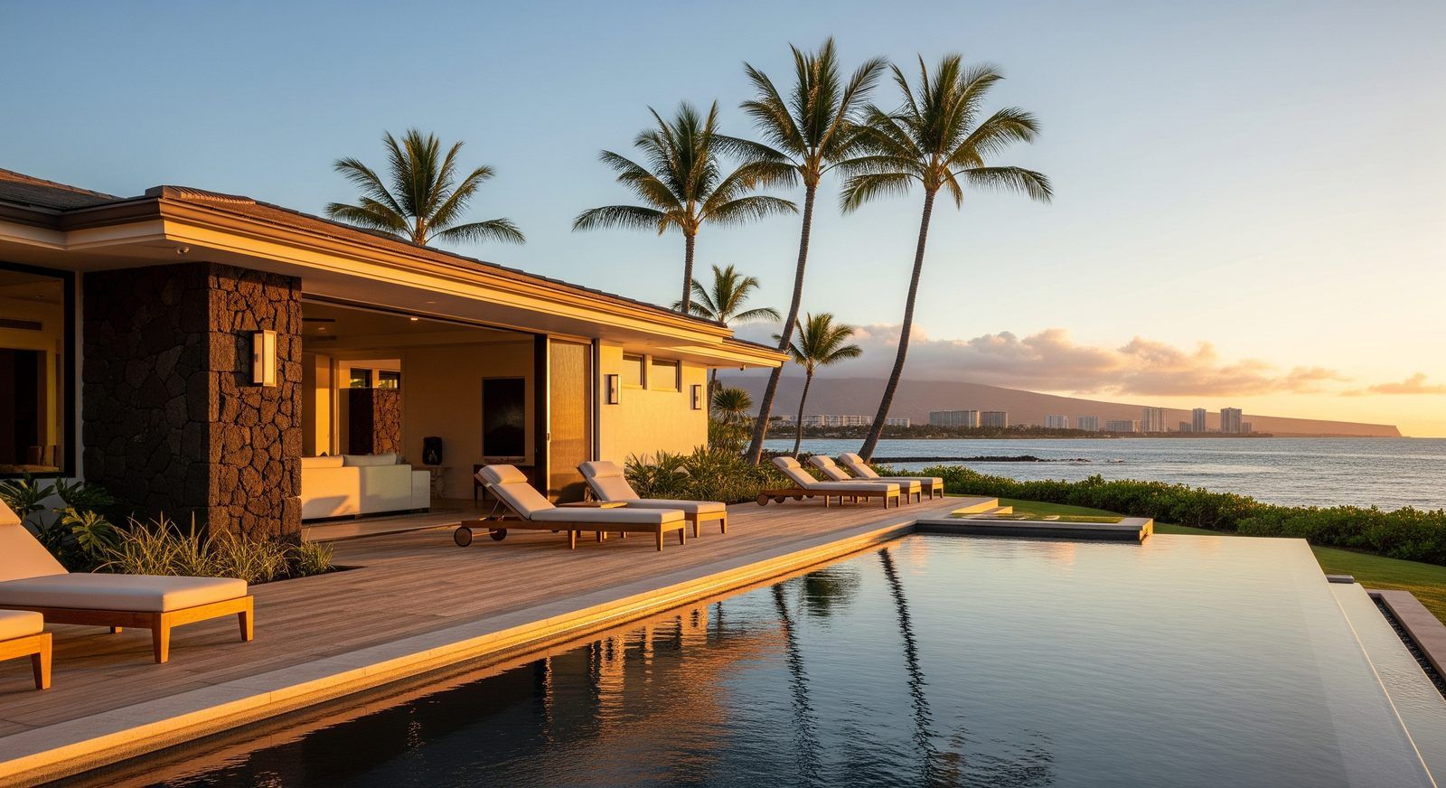 A single-story West Oʻahu home with a pool facing the ocean at dusk