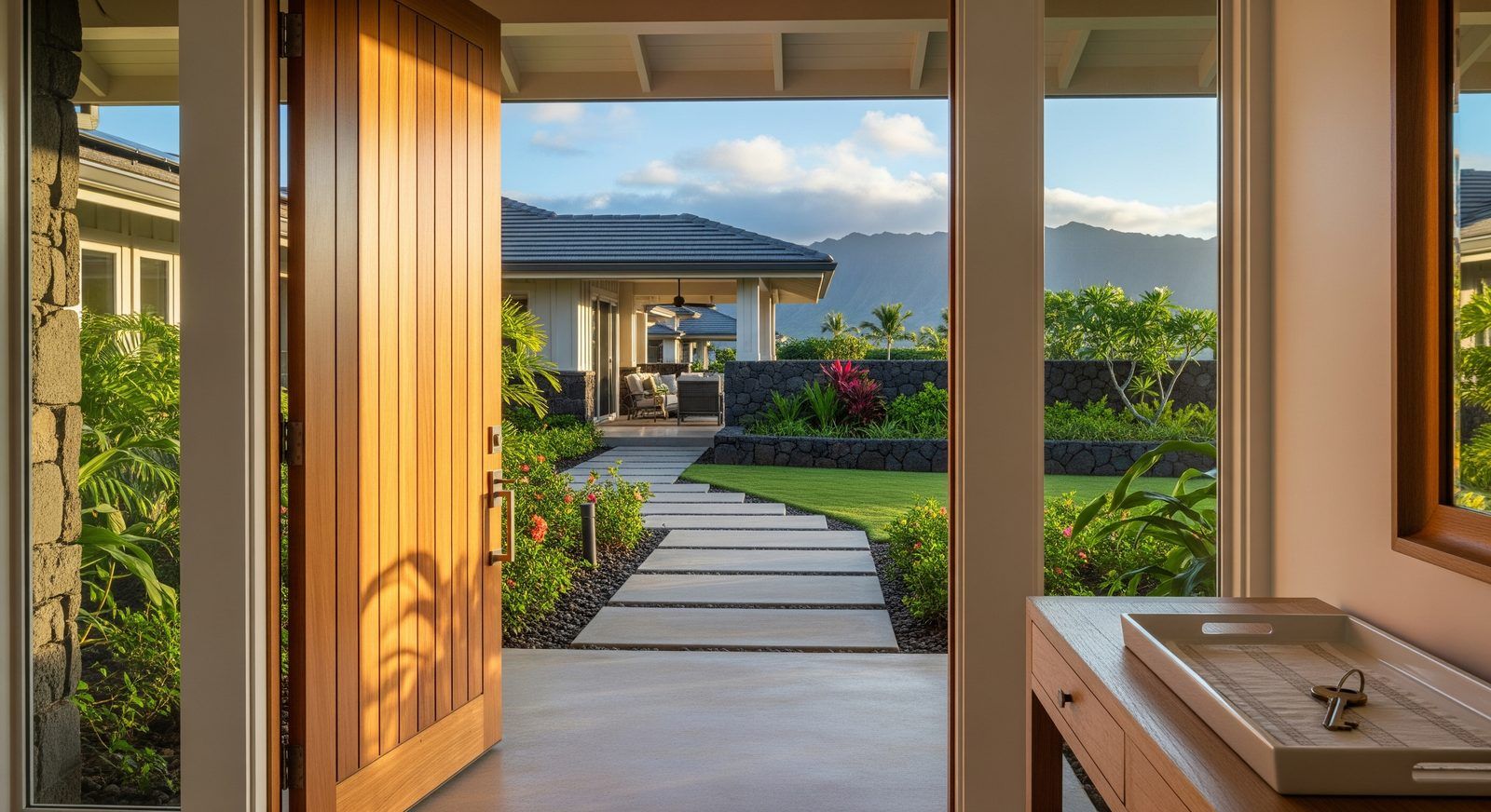 The front entry of a home, door open onto the walkway and yard