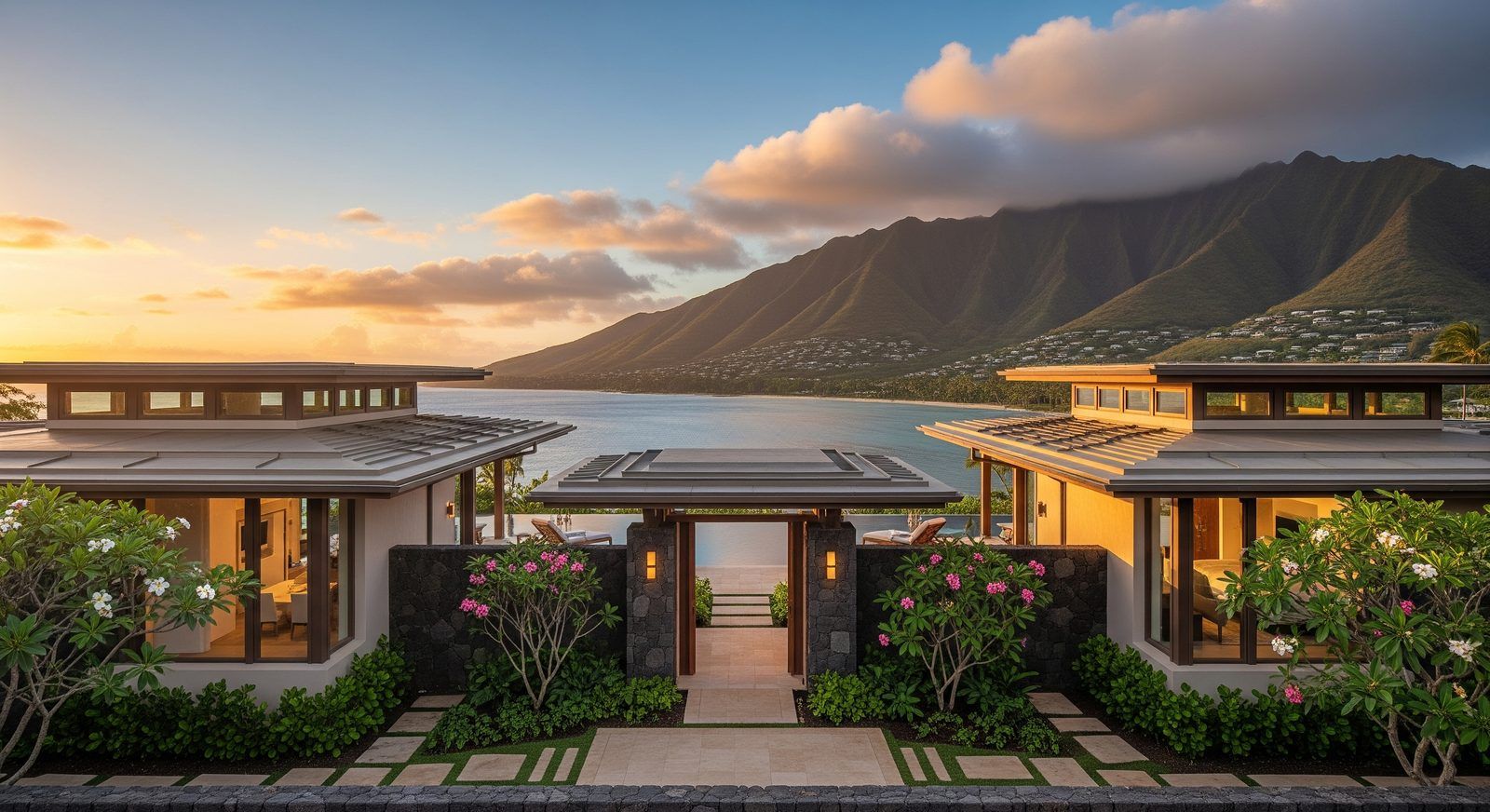 A modern home entry at dusk with a mountain ridge behind it